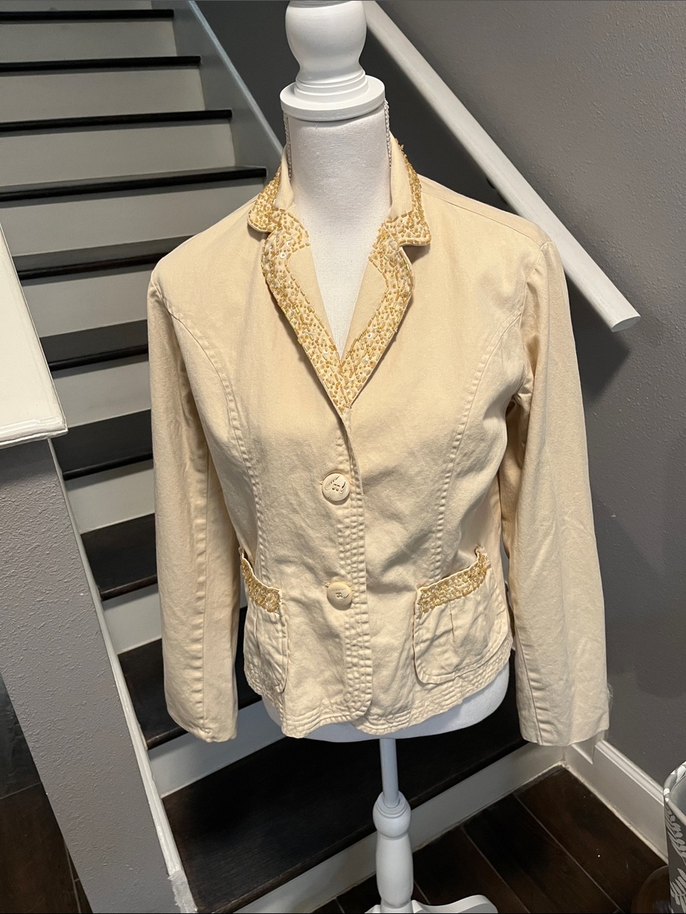 Life Style Cream Women's Button-Front Blazer Jacket with Sequin Trim Sz Lg
